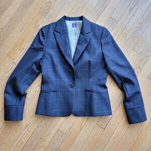 TEN 10 Women's Navy Plaid Wool Blazer Size 4 Tailored Cuffed Sleeve Jacket